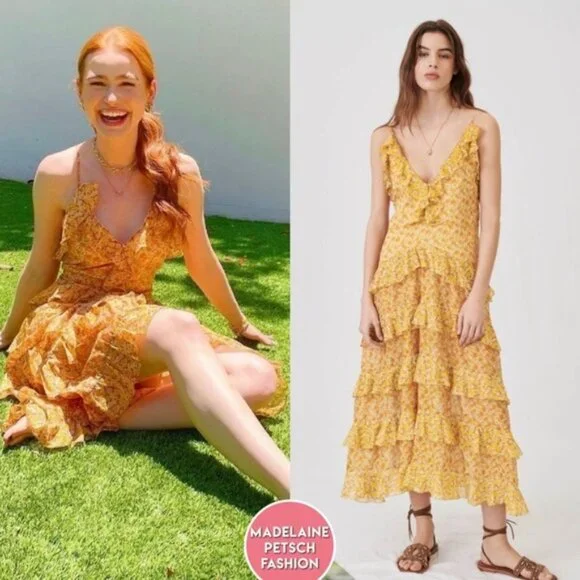 ❌❌SOLD❌❌450 MAJE Printed Cotton Voile Dress With Ruffles Orange | Womens Dresses - Picture 6 of 11